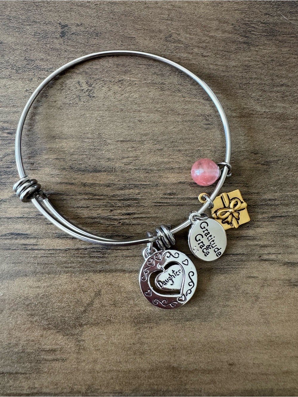 Silver Daughter Charm Bangle with Pink Bead and Gold Gift Accent
